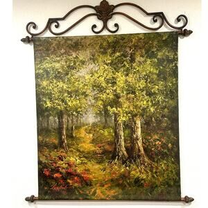 Wrought Iron Wall Hanging Hand Painted Oil Canvas Autumn Forest Scene 36” x 42”